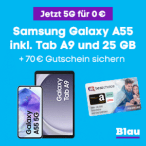 🔥 Samsung Galaxy A55 (128GB) für 1€ + Gratis Galaxy Tab A9 + 70€ BestChoice Premium Gutschein + 25GB 5G Allnet für 29,99€/Monat (Blau Allnet L | o2)