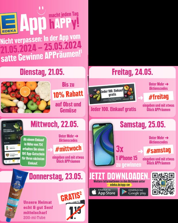 Edeka SW gratis Senf in App am 23.5. und weitere Angebote dieselbe Woche