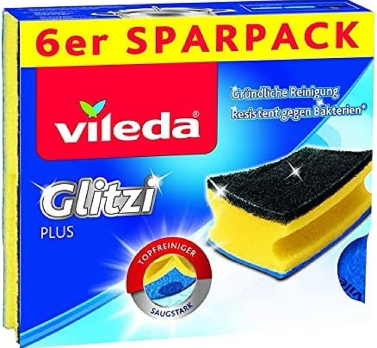 Vileda Glitzi Plus Topfreiniger, mit Antibac-Effekt gegen Bakterien, saugstark 6 Stück für 1,48€ (statt 1,85€)