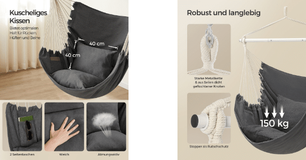 Songmics Hängesessel mit 2 Kissen & Metallkette