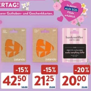 Aldi Süd Zalando Gutscheine 25€/50€ -15% und hunkemöller 25 € -20%