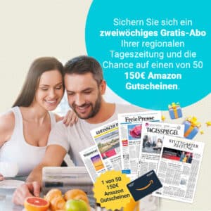 Tageszeitung 2 Wochen gratis (endet automatisch) &#043; Chance auf 150€ Amazon.de-Gutschein