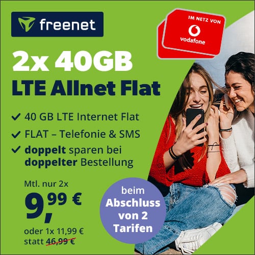 Thumbnail 😍 2x 40GB LTE Allnet für 9,99€/Monat + 0€ Anschlusspreis | 1x 40GB für 11,99€ (Vodafone Freenet)