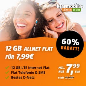 12GB Allnet-Flat für nur 7,99€/Monat + 19,99€ AG (Klarmobil Telekom Netz)
