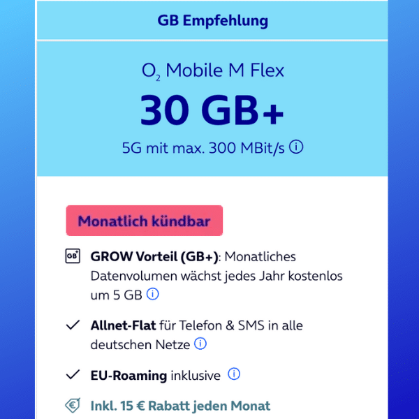 Thumbnail 🔥 o2 Mobile M Flex mit 30GB für 14,99€ mtl. + mtl. kündbar + 9,99€ AG + jedes Jahr 5GB mehr