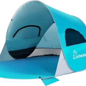 WolfWise Strandmuschel Pop-Up Zelt mit UV-Schutz 50+, 3-4 Personen Strandzelt, Sonnenschutz & Windschutz Tragbar Wurfzelt Baby Kinder Sonnenzelt Kleines Packmaß für Familie Camping Garten Strand Blau