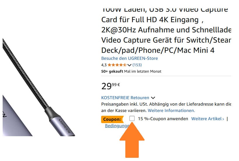 15% Coupon anwenden mit einem orangenen Pfeil auf Amazon-Produktseite einer UGREEN 4K Video Capture Card