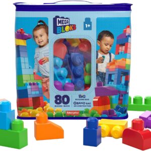 MEGA BLOKS Fisher-Price Bausteine für Kleinkinder, großer Bausteinebeutel mit 80 Teilen und Aufbewahrungsmöglichkeit