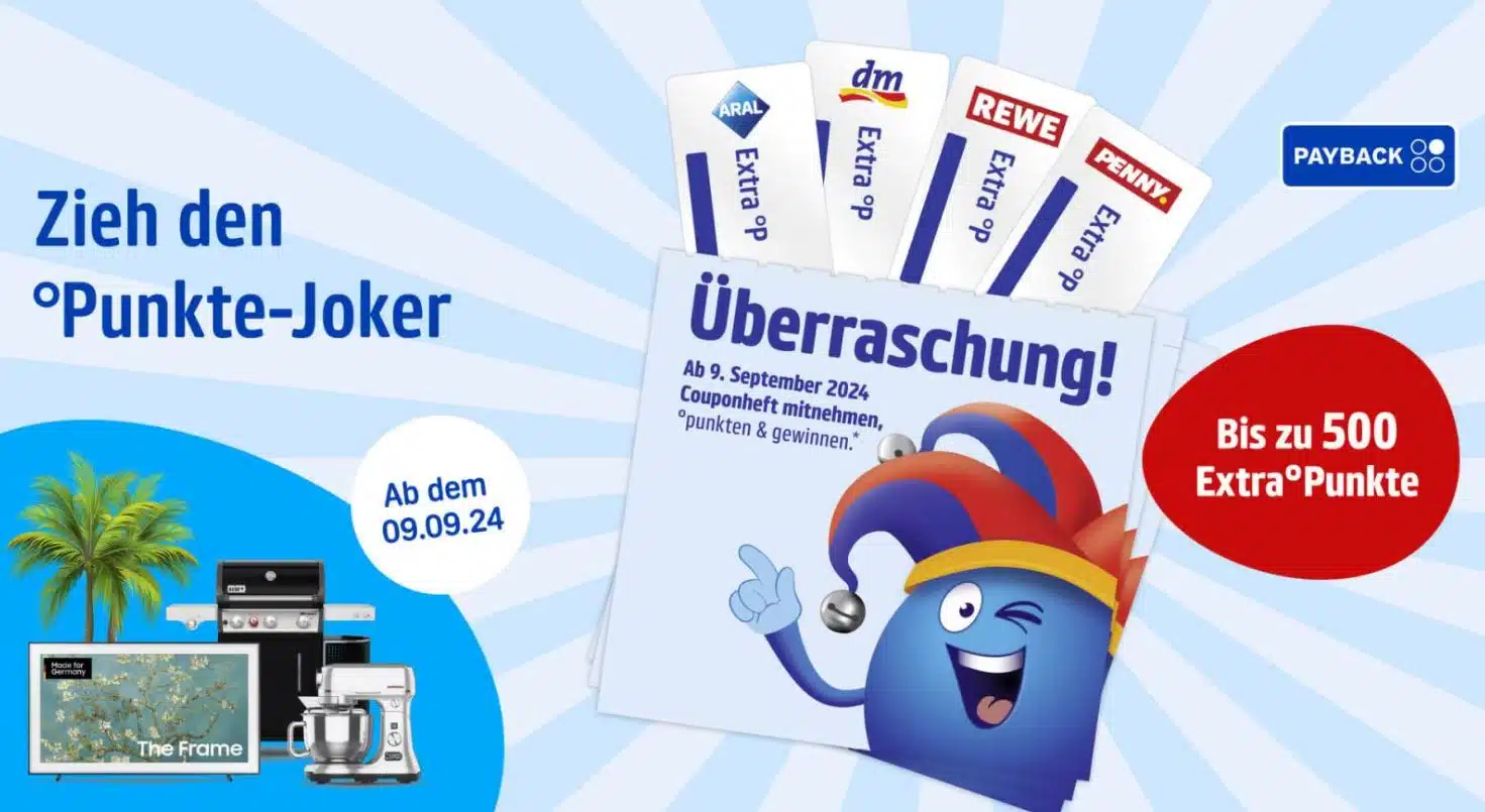 Werbung für den Payback Joker 2024 mit Preisen und Händlern und dem Payback-Männchen