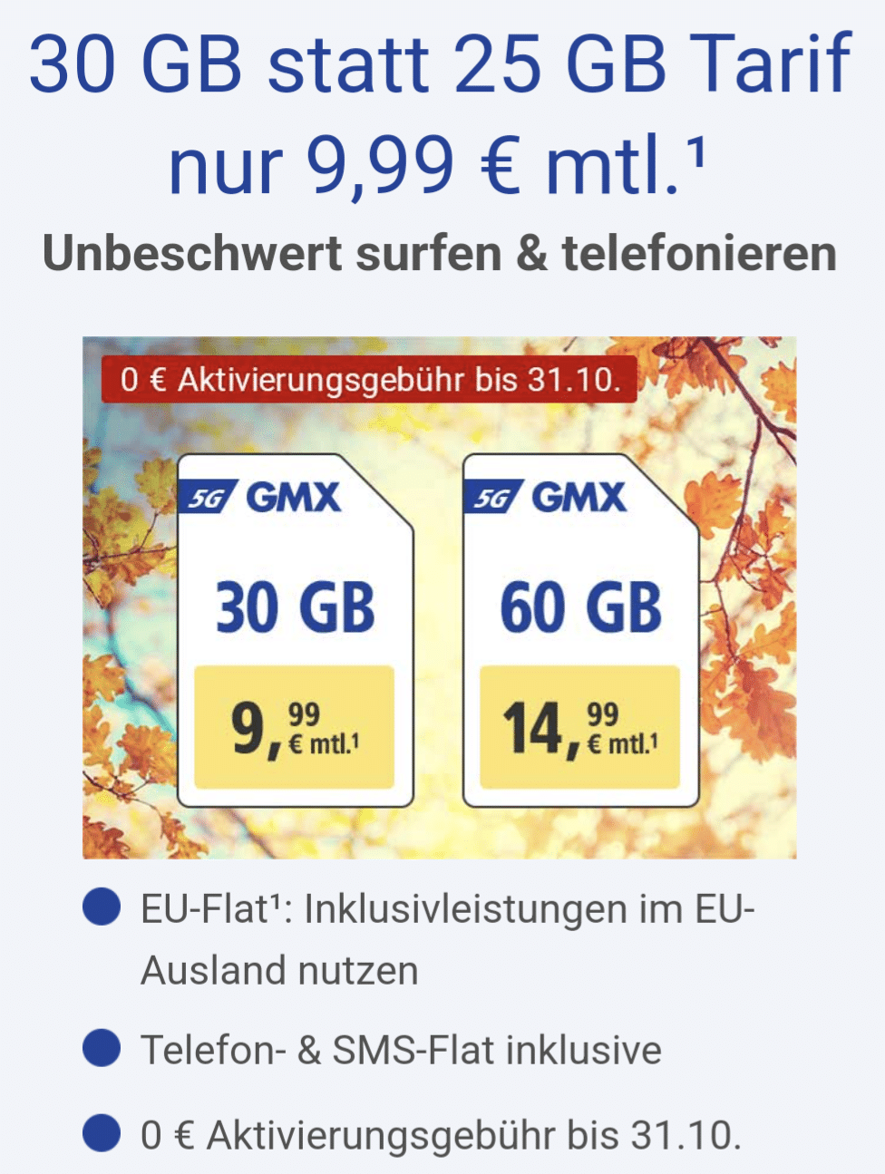 GMX: D2 Allnet Flat mit 60GB für 14,99€ mtl. ohne Anschlussgebühr 24Monate Laufzeit