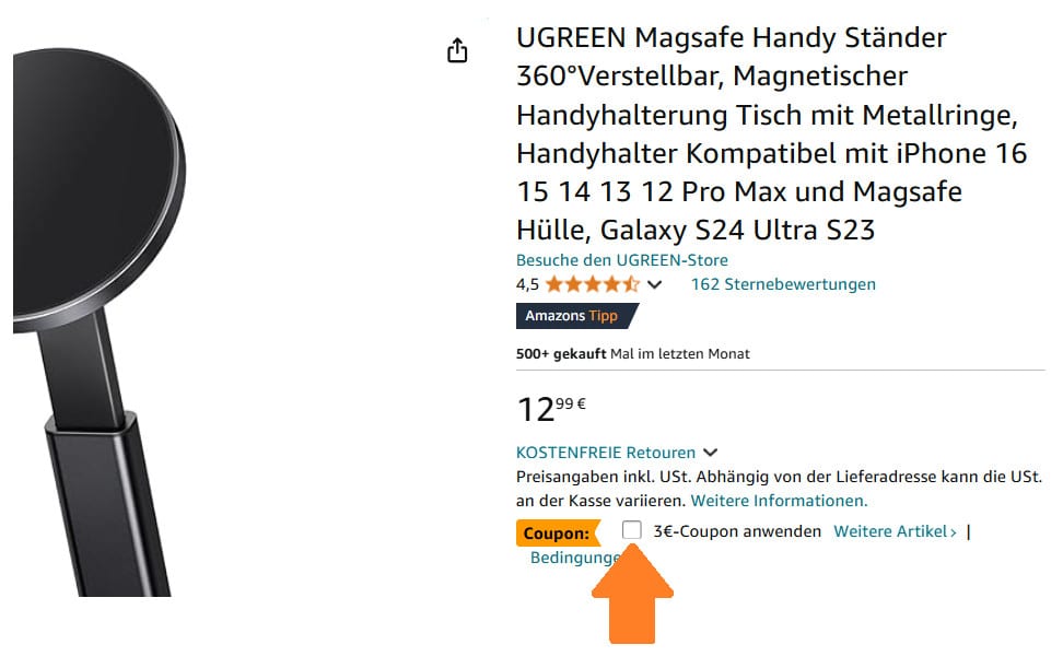 Pfeil der auf "3€ Coupon anwenden" zeigt auf einer Amazon-Produktseite