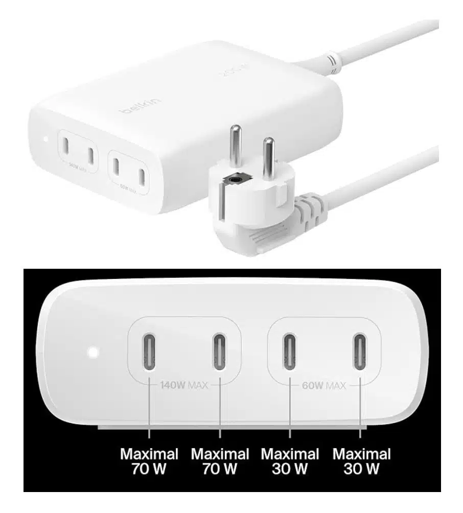 Belkin BoostCharge Pro Caricatore Da Parete 200W GaN – 4 Porte USB-C PD 3.1, Ricarica Rapida, Cavo 1.5m, Per MacBook, IPhone, Galaxy, Pixel