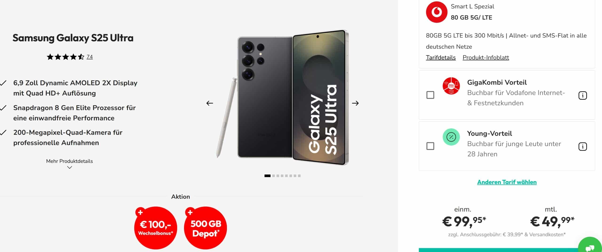 Tarif bei Sparhandy mit Samsung Galaxy S25 Ultra und 80GB Vodafone-Allnet