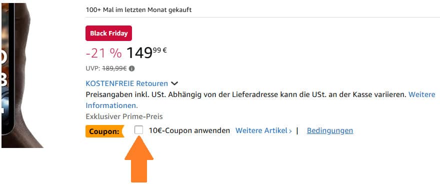 Angebotsübersicht bei Amazon mit Pfeil auf einen 10€ Coupon