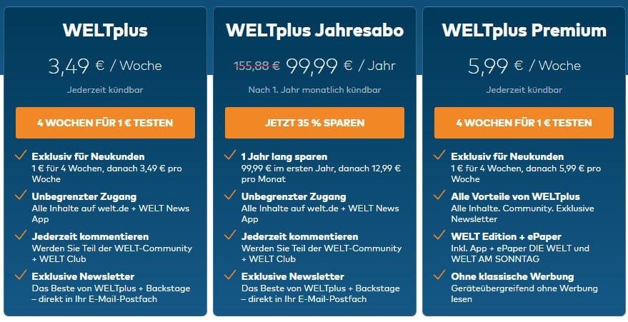 Drei WELTplus Abos nebeneinander aufgelistet