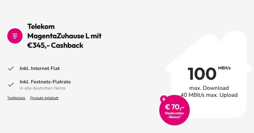 Telekom MagentaZuhause L mit 345€ Cashback bei Sparhandy