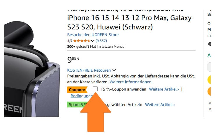 Orangener Pfeil auf Amazon Angebotsseite auf Kästchen für 