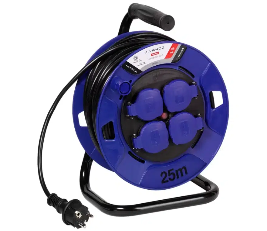 BERGER Profi CEE Kabeltrommel 25 m | Outdoor Verlängerungskabel mit 2 Schuko- & 1 CEE-Steckdose | Robuste Kabelbox Spritzwassergeschützt IP44, belastbar bis 3600W | Stromkabel Aufroller