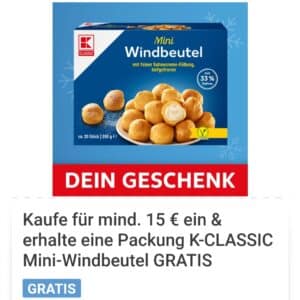 Bis zu drei Packungen K-Classic Mini-Windbeutel gratis ab 15,00 € MEW bei Kaufland mit der App