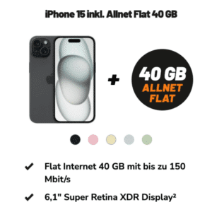 🔥 Apple iPhone 15 (128GB) für 99,99€ + 40GB 5G &amp; LTE Vodafone Allnet für 24,99€/Monat + 0,00€ AG - Klarmobil Allnet