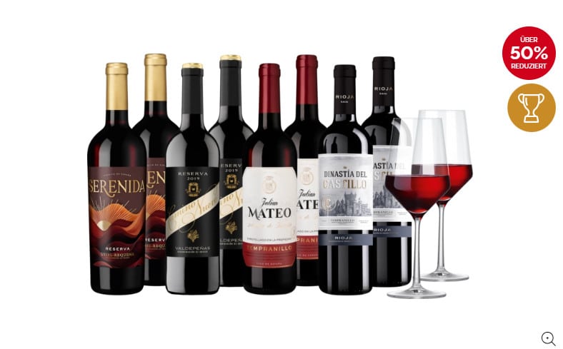 8 Flaschen Rotwein, darunter Serenida Reserva, Valdepeñas, Julian Mateo und Dinastía del Castillo, zusammen mit zwei Weingläsern. Das Angebot ist über 50% reduziert.