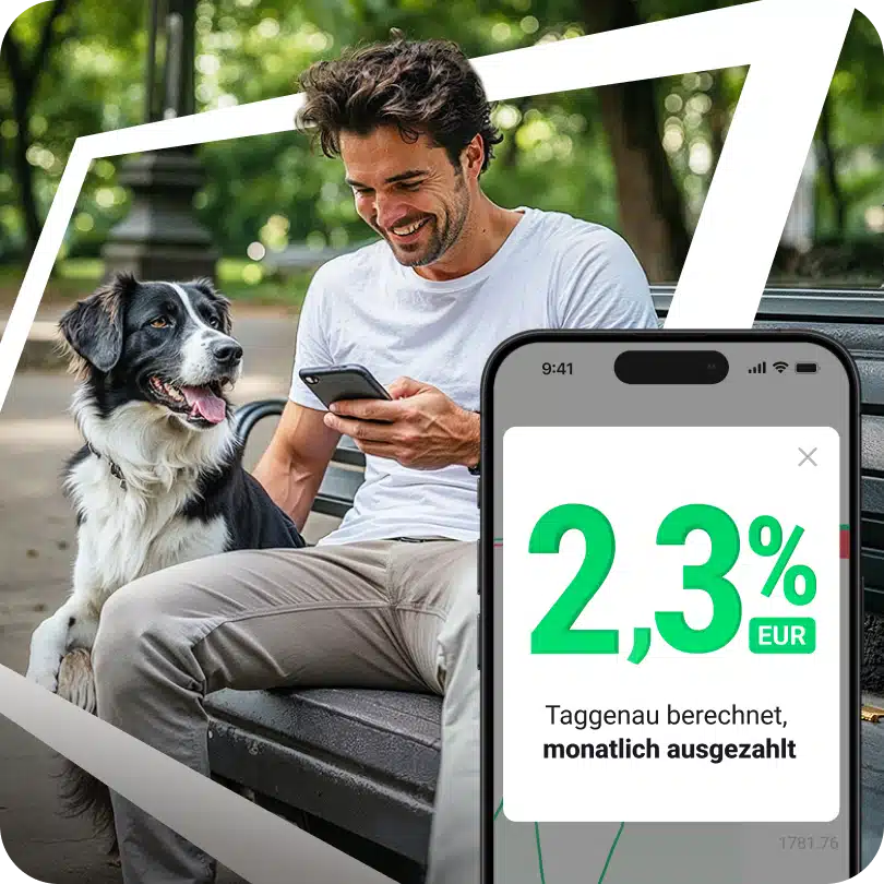Mann, der auf sein Handy schaut, daneben Hund, eingeblendeter Smartphone-Screen: 