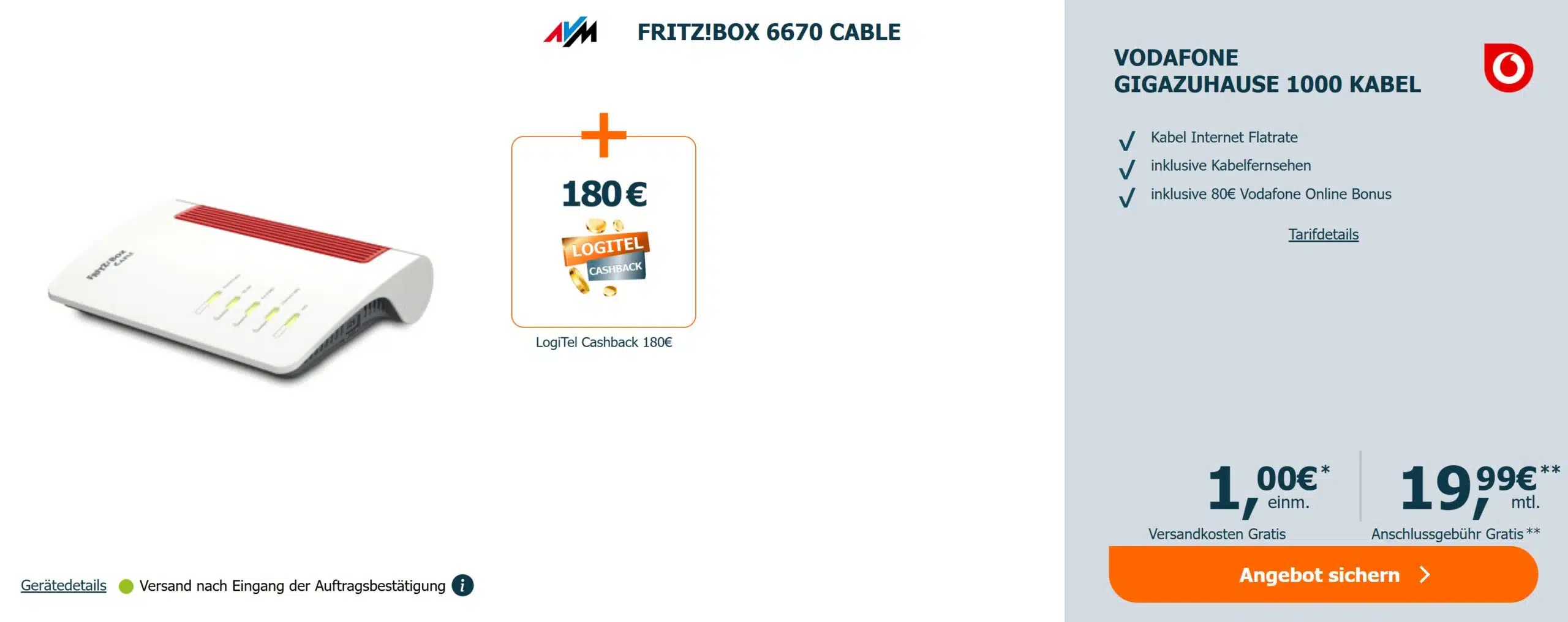 Internet-Tarif bei Logitel mit dem Vodafone GigaZuhause 1000 Kabel und einer FritzBox