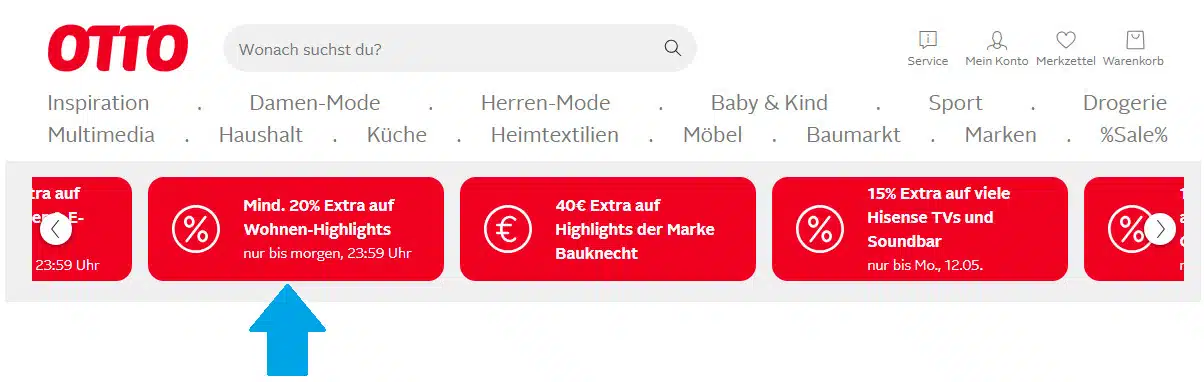 OTTO-Webseite mit einem Angebot für mindestens 20% Extra-Rabatt auf Wohnen-Highlights, nur noch bis morgen, 23:59 Uhr verfügbar.