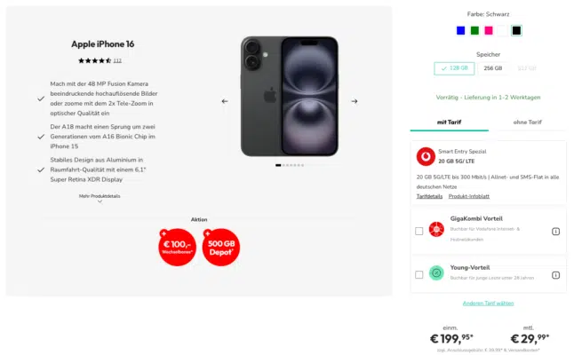 Apple iPhone 16 in Schwarz mit 128 GB Speicher und Smart Entry Spezial Tarif (20 GB 5G/LTE, Allnet- und SMS-Flatrate) von Vodafone