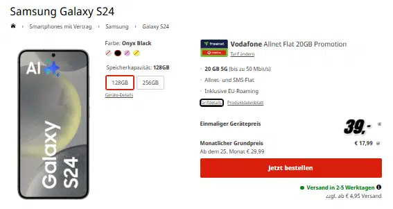 Samsung Galaxy S24 mit Tarif im Vodafone-Netz