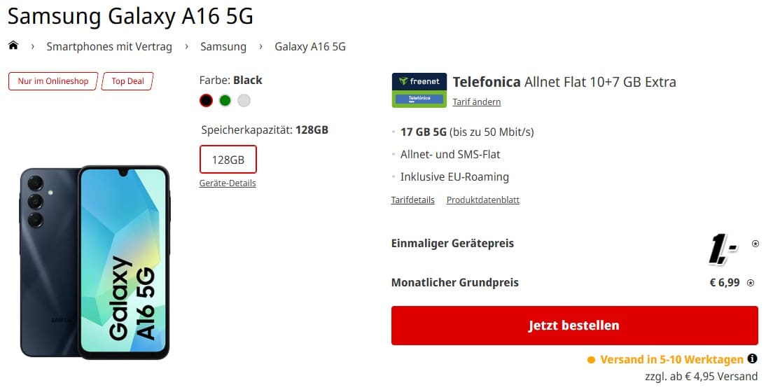 Produktbild des Samsung Galaxy A16 5G in schwarzer Farbe, zusammen mit dem Tarifangebot 'Telefónica Allnet Flat 10+7 GB Extra' in der MediaMarkt Tarifwelt. Der Tarif beinhaltet 17 GB 5G-Daten (bis zu 50 Mbit/s), Allnet- und SMS-Flatrate sowie EU-Roaming. Der einmalige Gerätepreis beträgt 1€, der monatliche Grundpreis liegt bei 6,99€. Versandkosten ab 4,95€.