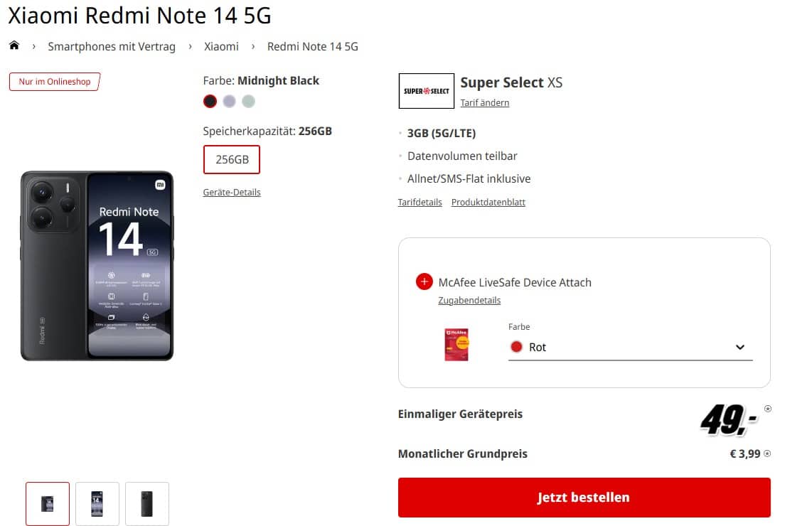 Tarifangebot bei MediaMarkt mit dem Xiaomi Redmi Note 14 5G für 49€ + 3GB LTE/5G Allnet