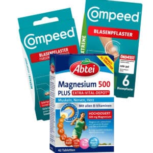 Abtei & Compeed Essentials Trio – 3er Set – Abtei Magnesium 500 Plus, Compeed Blasenpflaster Extreme, Compeed Blasenpflaster Mixpack für 8,20€(statt 15,88€)