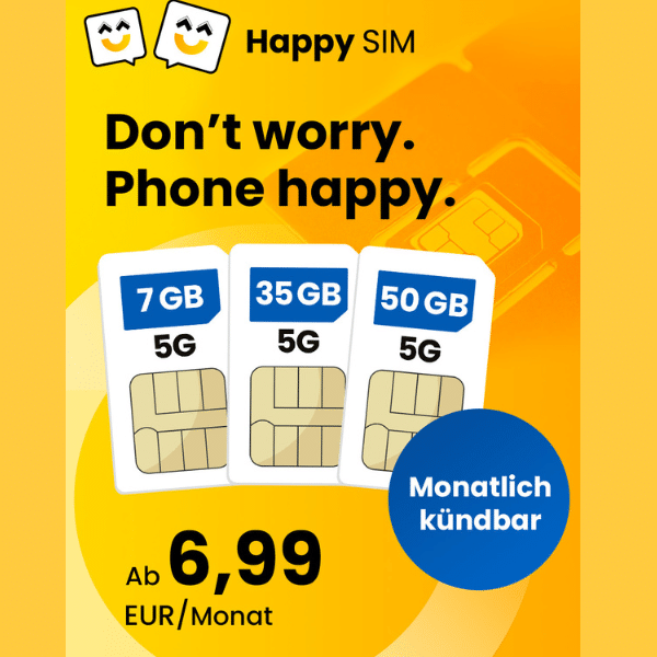 Thumbnail mtl. kündbare 5G &amp; LTE Allnets 😱 7GB für 6,99€ | 35GB für 7,99€ | 50GB für 9,99€ (Happy Sim im Telefónica-Netz) -