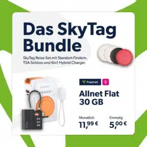 30GB 5G Telekom Allnet für 11,99€/Monat + 150€ Wechselbonus + 0,00€ AG + 4 SkyTags + TSA Lock für 5€ (AirTags Alternative) + 6in1 Hybrid Powerbank - freenet Telekom green LTE
