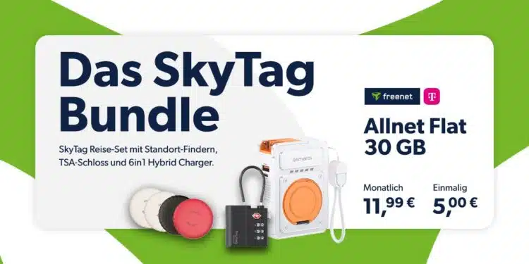 30GB 5G Telekom Allnet für 11,99€/Monat + 150€ Wechselbonus + 0,00€ AG + 4 SkyTags + TSA Lock für 5€ (AirTags Alternative) + 6in1 Hybrid Powerbank - freenet Telekom green LTE