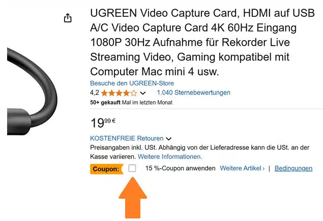 Pfeil, der auf den 15% Coupon bei Amazon für die UGREEN Video Capture Card zeigt.