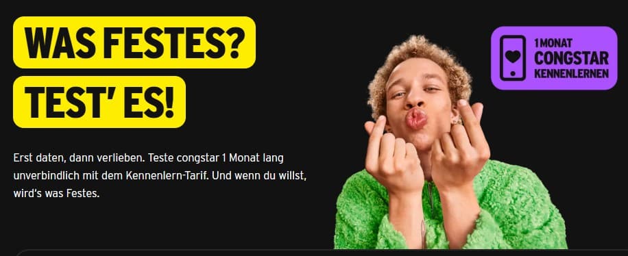 Banner von Congstar: Einen Monat lang kennenlernen mit unverbindlichem Tarif