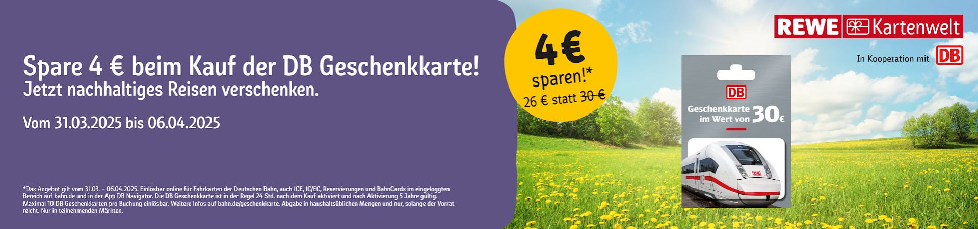 Banner von REWE Kartenwelt: Spare 4€ beim Kauf der DB Geschenkkarte!