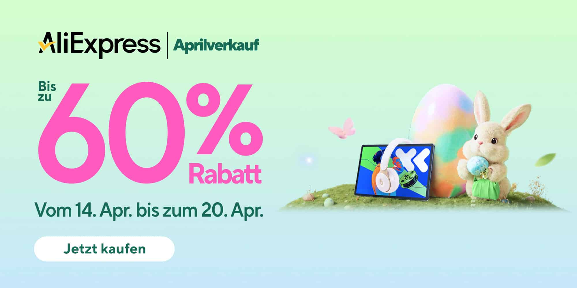 Bis zu 60% Rabatt im AliExpress Aprilverkauf - rechts Osterhäschen, Osterei und Tablet und Kopfhörer