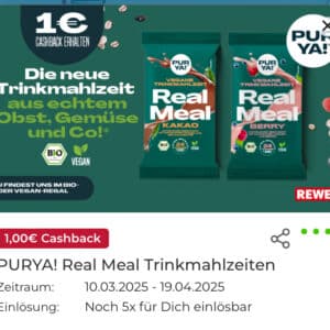 1€ Cashback auf PURYA! Real Meal Trinkmahlzeiten Kakao und Berry mit scondoo - nur bei Rewe