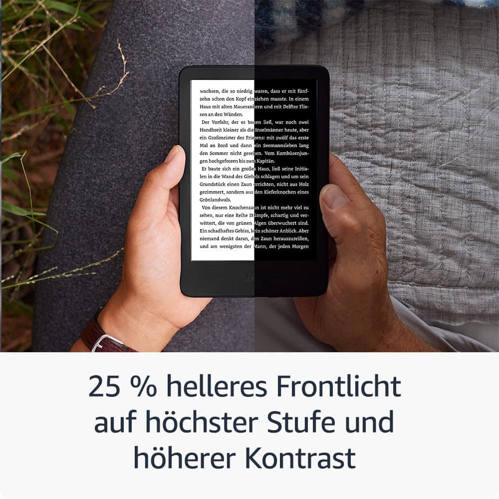 Amazon Kindle in Händen, links hell, rechts dunkel, unten Aufschrift über helleres Frontlicht und höheren Kontrast