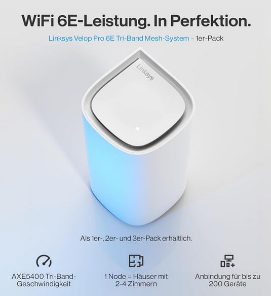 Linksys Velop Pro 6E WiFi-Mesh-System AXE5400 (1er-Pack) für 99,90€ statt 124€
