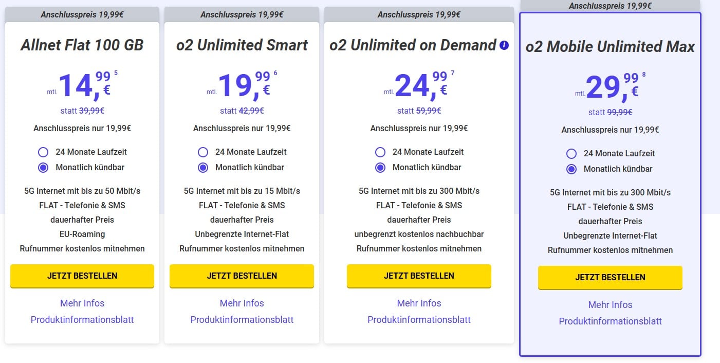 Vier Tarife von Mega SIM nebeneinander aufgelistet und mit Angebotsdetails