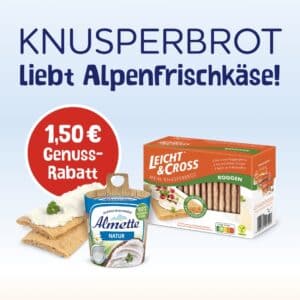 1,50 € zurück erhalten beim Kauf von jeweils 1x Almette AlpenFrischkäse und LEICHT & CROSS Knusperbrot *ab 01.04 25*