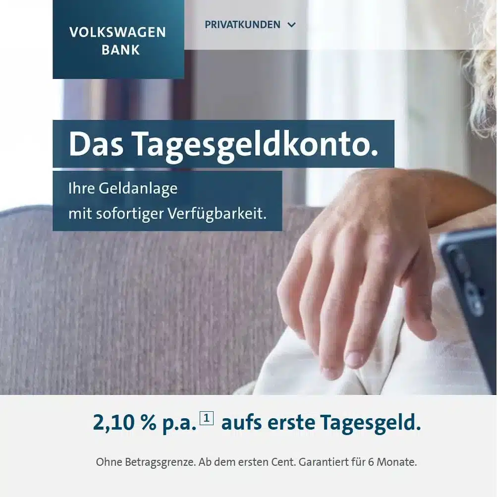 Thumbnail 15€ Bonus: Das Tagesgeldkonto der Volkswagen Bank mit 2,3% Zinsen p.a.