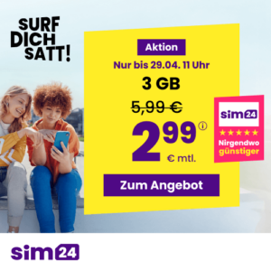 mtl. kündbare 5G/LTE Handy Allnet mit 3GB für 2,99€ 😱 oder 15GB für 4,99€ | 30GB für 6,99€ | 60GB für 9,99€ | 90GB für 14,99€ | Unlimited on demand für 19,99€ (SIM24 im 1&amp;1-Netz)