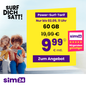 mtl. kündbare 5G/LTE Handy Allnet mit 3GB für 2,99€ 😱 oder 15GB für 4,99€ | 30GB für 6,99€ | 60GB für 9,99€ | 90GB für 14,99€ | Unlimited on demand für 19,99€ (SIM24 im 1&1-Netz)
