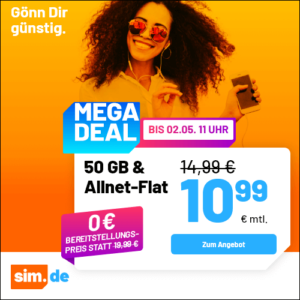 5G/LTE Handy Allnets 📲 10GB für 4,99€ | 25GB für 7,99€ | 50GB für 10,99€ | 80GB für 14,99€ | Unlimited on demand für 29,99€ ⏰ nur für kurze Zeit (sim.de im 1&1-Netz)