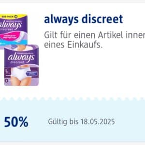 50% Rabatt auf always discreet - Coupon in der dm App